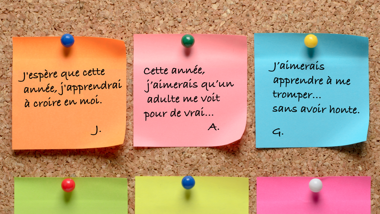 Tableau de liège couvert de post-it colorés portant des souhaits d’élèves manuscrits